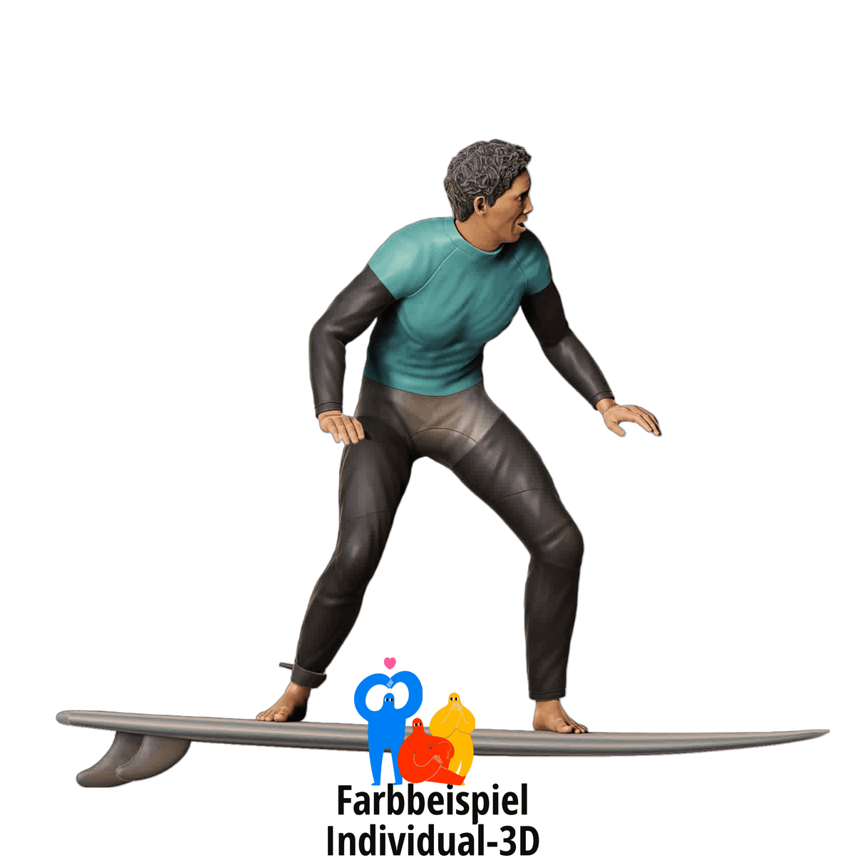 Surf-Figur begleitet Surferin beim Wellenreiten