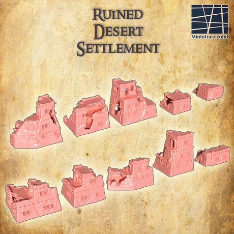 Detailansicht der Gebäude in der verfallenen Wüstensiedlung für Tabletop