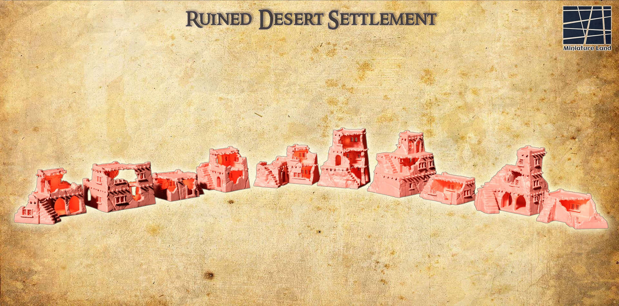 Verfallene Wüstensiedlung mit 10 Gebäuden für Tabletop-Spiele