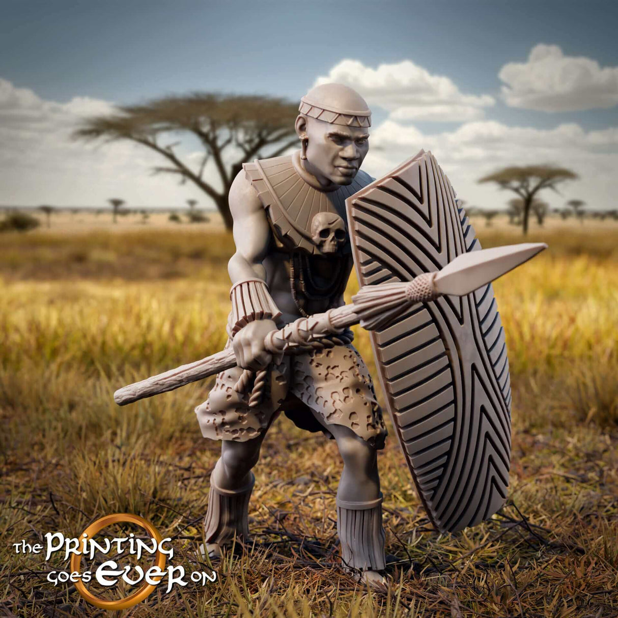 Tabletop Miniatur Tribal Warrior A mit Lanze in Kampfhaltung