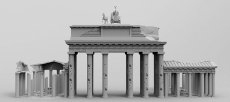 Detailreiche Darstellung des zerstörten Brandenburger Tors für historische Wargames im Maßstab 1:56.
