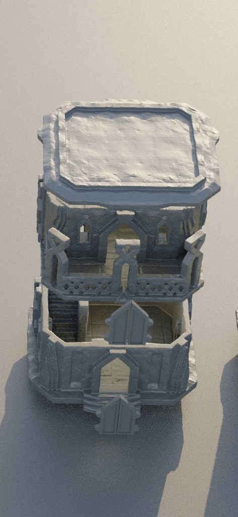 Dwarf Settlement Gebäude 3' Tabletop Terrain, ein meisterhaft 3D-gedrucktes Modell, Bestandteil eines größeren Geländesets mit Treppen, Schienenwegen und Gehwegen
