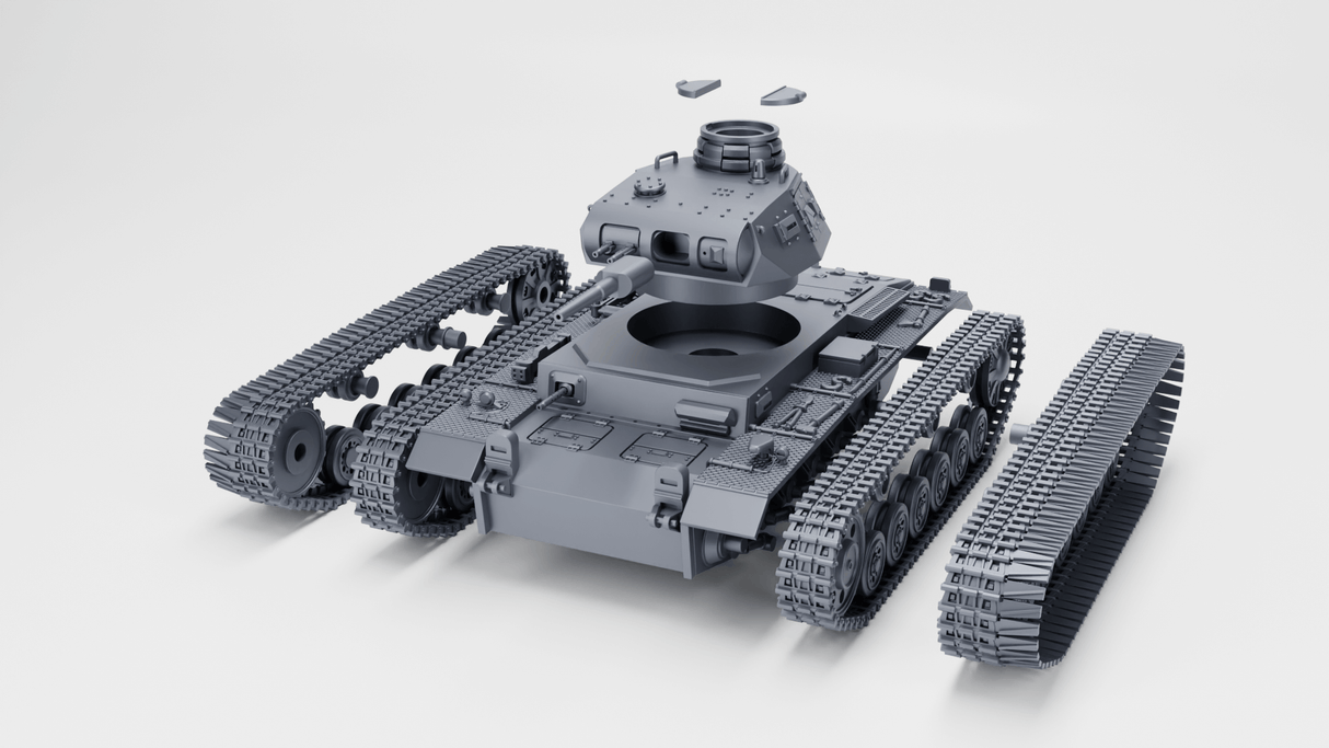 3D-Modell eines Panzer III Ausf. E mit abnehmbaren Teilen und Winterketten, detailreiche Ansicht.