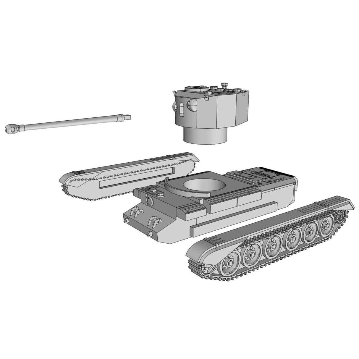 3D-Modell des Challenger A30 Panzers, zerlegt mit Turm und Kanone, britisch, WWII.