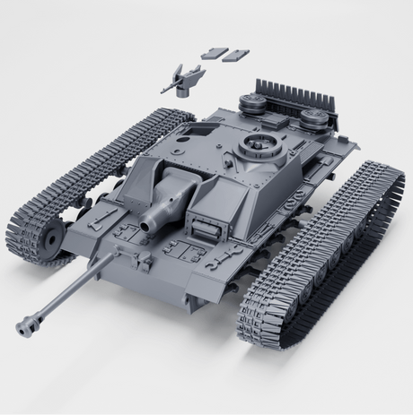 Modell eines Sturmgeschütz III Ausf. G mit separaten Teilen und Winterketten.