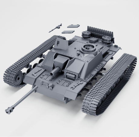 Detaillierte Ansicht des Sturmgeschütz III Ausf. G (Frühversion) mit abnehmbaren Teilen und Ketten.