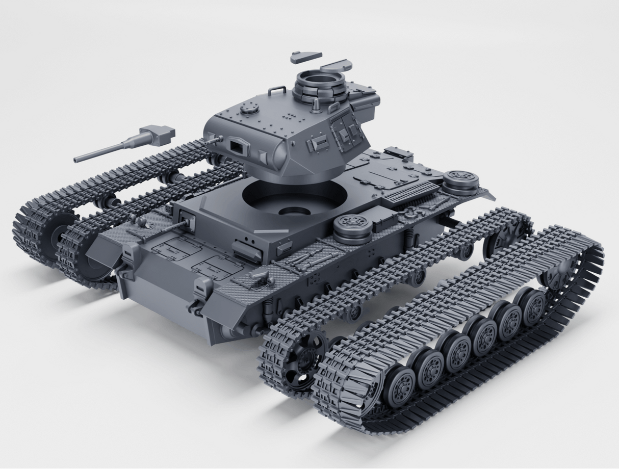 Modell des Panzer III Ausf. G mit Winterketten, detaillierte Ansicht des Panzers im Grauton.