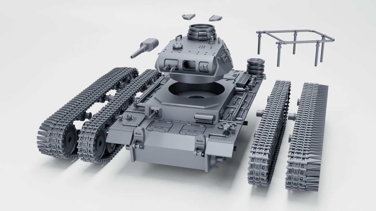 3D-Modell eines Panzerbefehlswagen III Ausf. E mit Winterketten und separaten Komponenten.