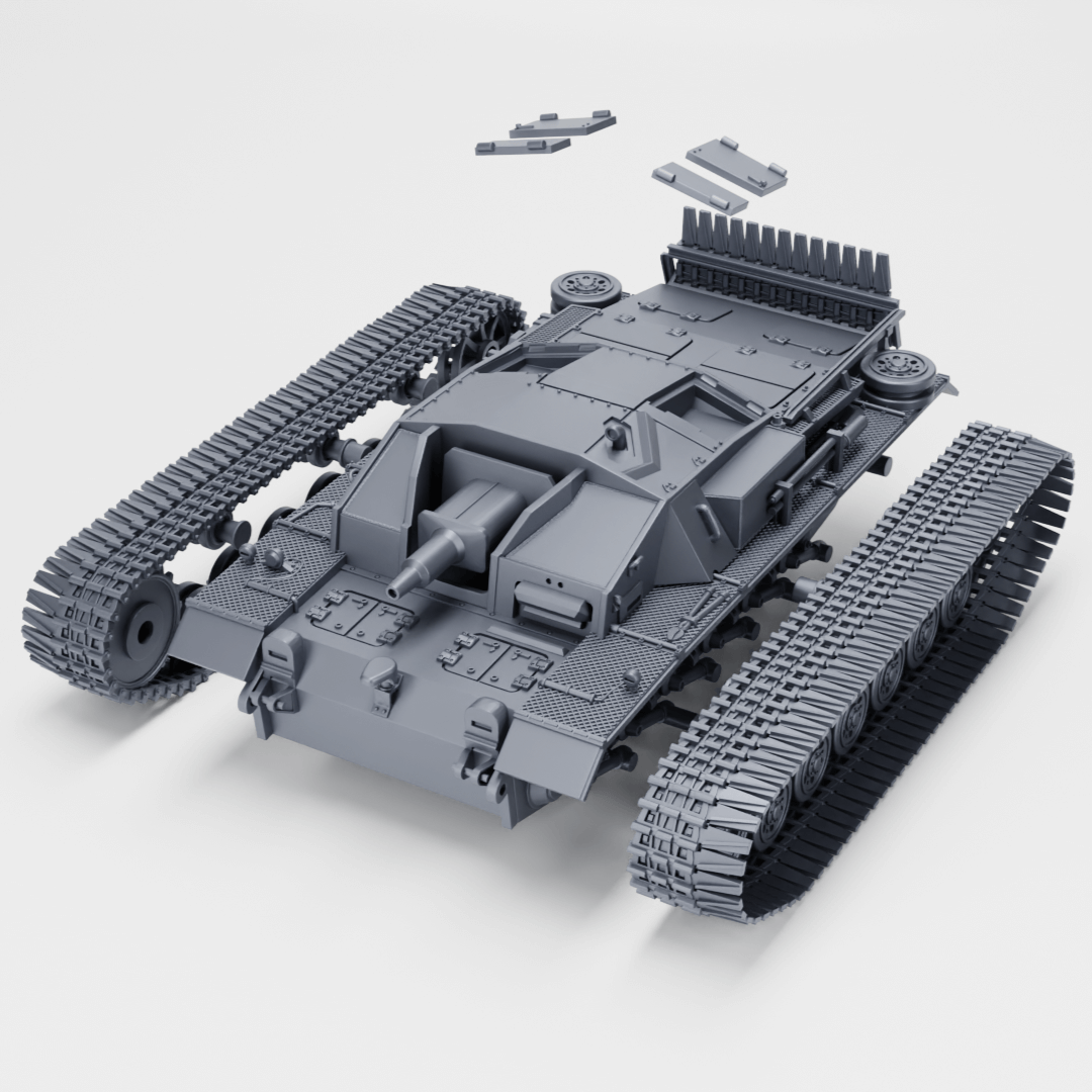 Sturmgeschütz III Ausf. D Modell mit abnehmbaren Teilen und Winterketten, detailgetreu gestaltet.