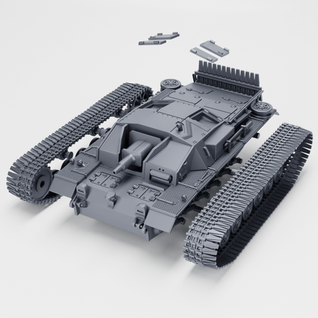 Sturmgeschütz III Ausf. D Modell mit abnehmbaren Teilen und Winterketten, detailgetreu gestaltet.