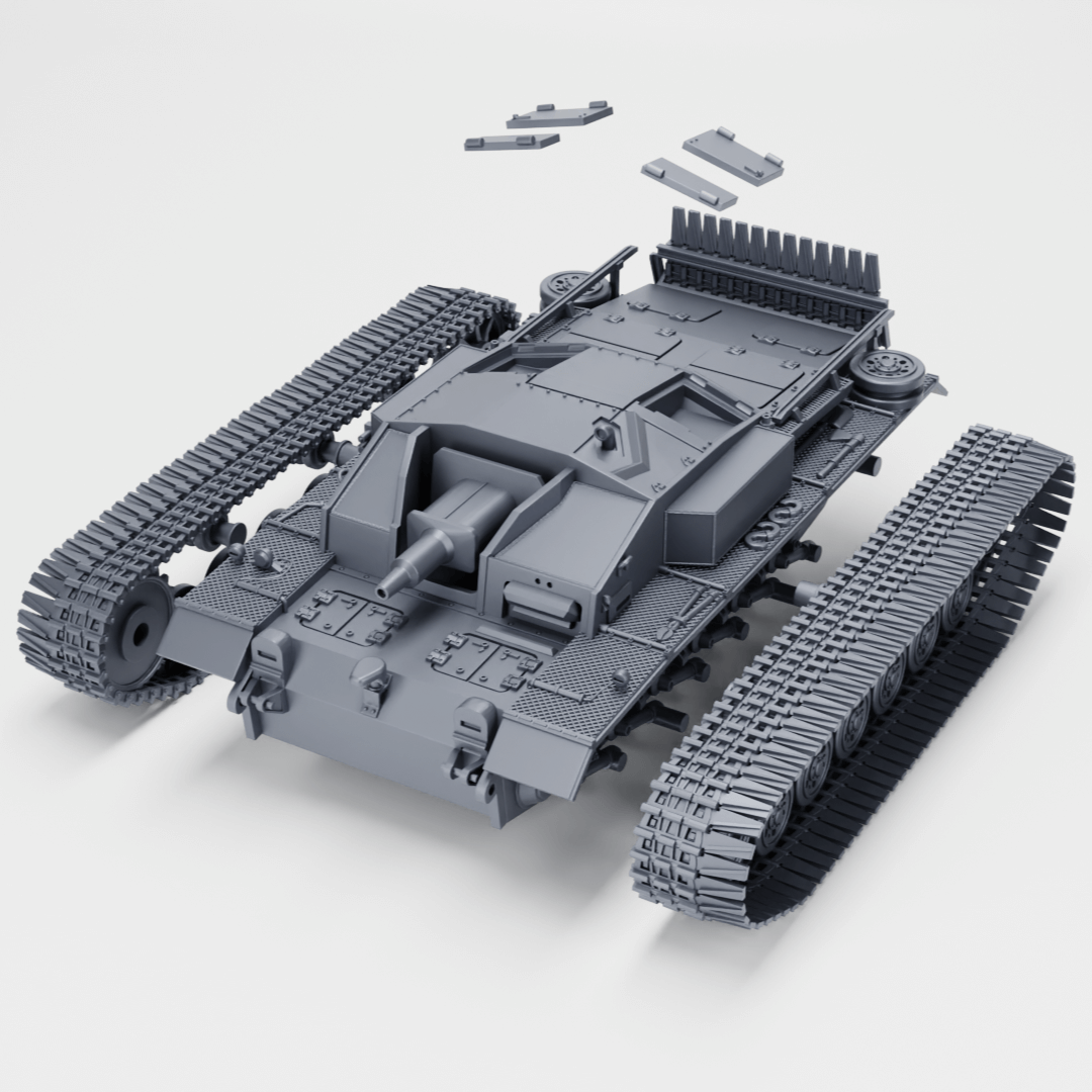 3D-Modell des Sturmgeschütz III Ausf. E mit abnehmbaren Teilen und Ketten, detailreich und realistisch.
