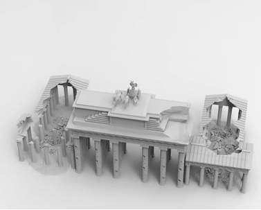 Zerstörtes Brandenburger Tor als Wargaming-Gelände, realistische Darstellung mit Trümmern und beschädigten Säulen.