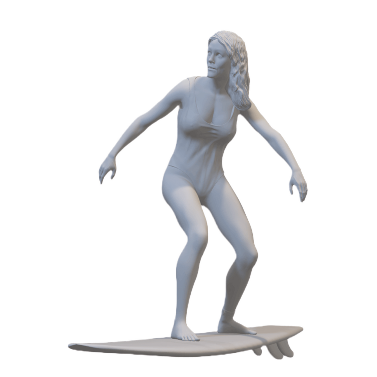 Junge Surferin auf Miniatur-Surfboard, die eine Welle reitet