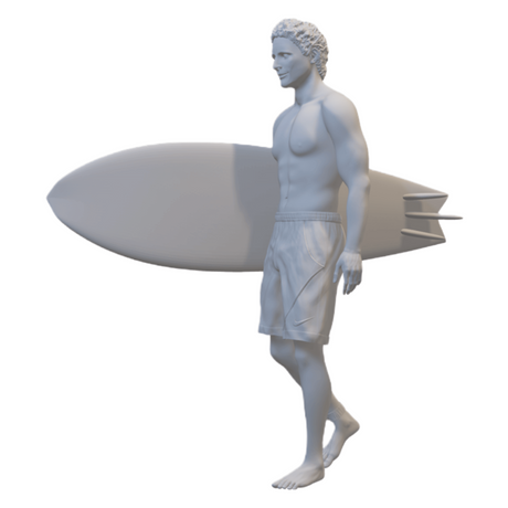 Surfer mit Miniatur-Surfboard auf einer Welle