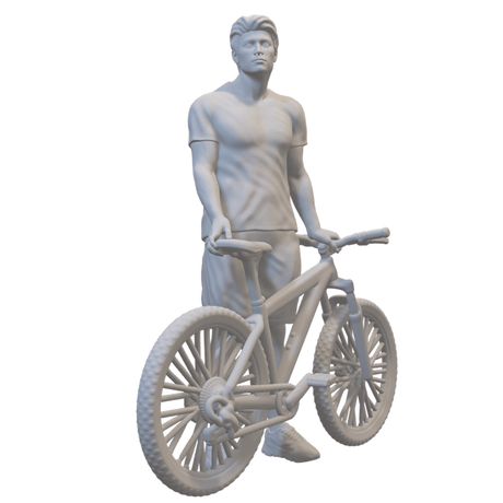 Mountainbike-Abenteurer Figur steht neben seinem Bike für Diorama