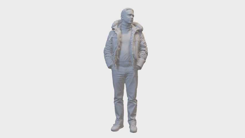 3D miniature figure man in winter jacket