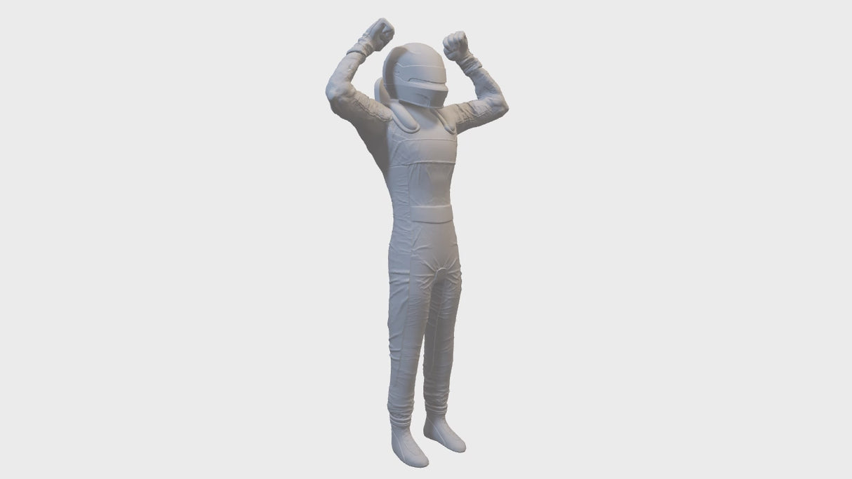 360° Ansicht der jubelnden Rennfahrer Miniaturfigur mit geballten Fäusten - erhältlich bei Individual-3D.de