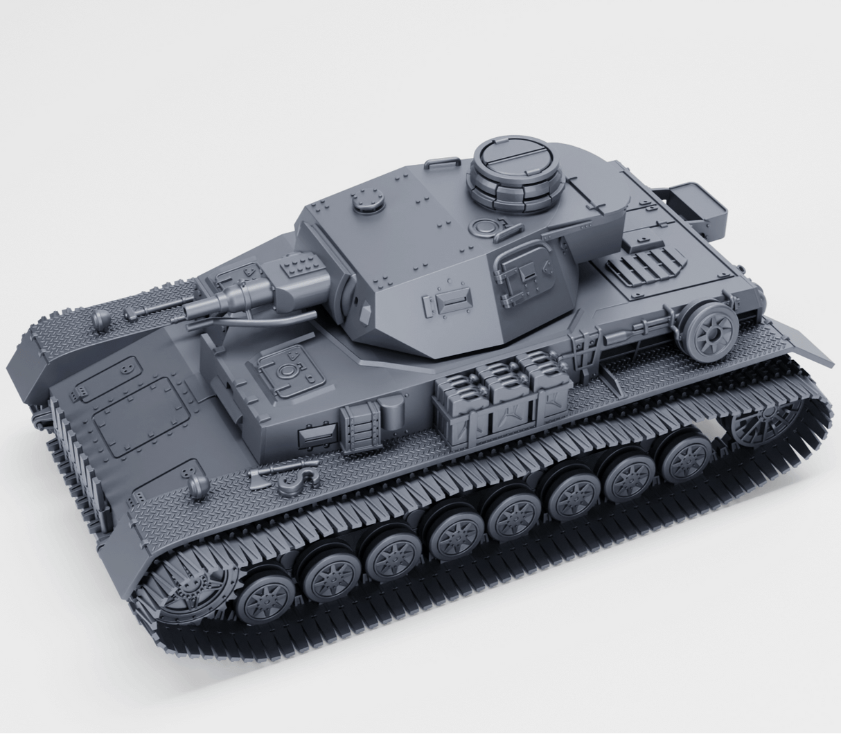 Modell eines Panzer IV Ausf. E mit Standard- und Winterketten, detailreiche 3D-Darstellung.