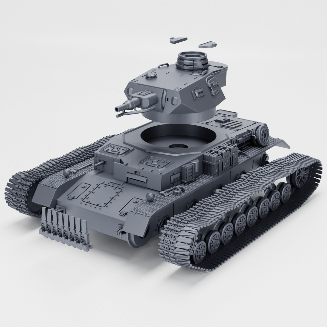 3D-Modell des Panzer IV Ausf. E mit abnehmbarem Turm, zeigt Details und Struktur, WWII Standardpanzer.